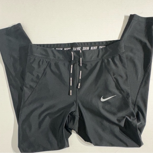 Nike Womens Power Epic Run Crop Leggings Women's Dri-Fit Black Shiny Draw Waist - Picture 9 of 14
